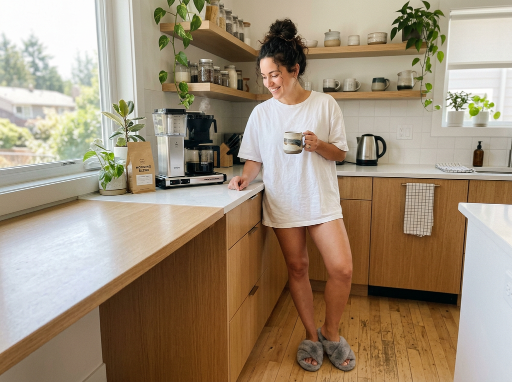 Customer in kitchen wearing slippers
