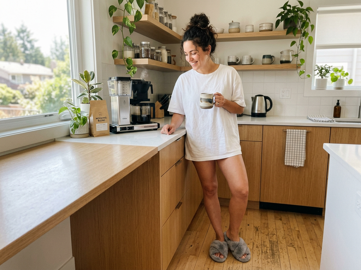 Customer in kitchen wearing slippers