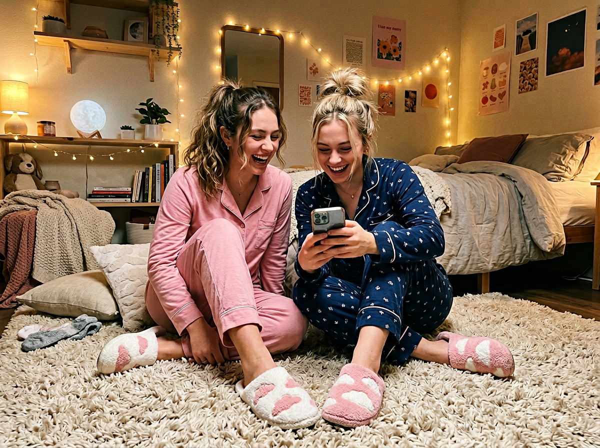 Friends with matching cloud slippers