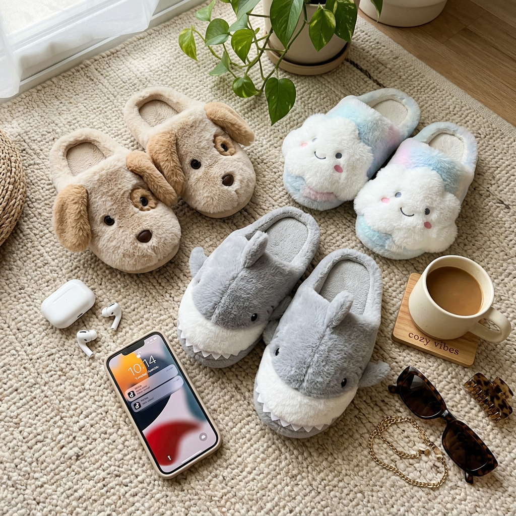 Floofy Feet slipper collection flatlay