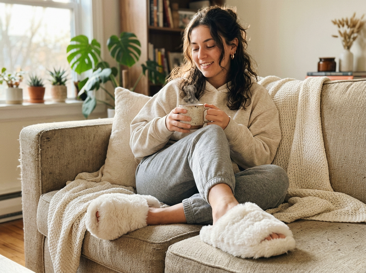 Customer wearing fluffy cloud slippers on couch