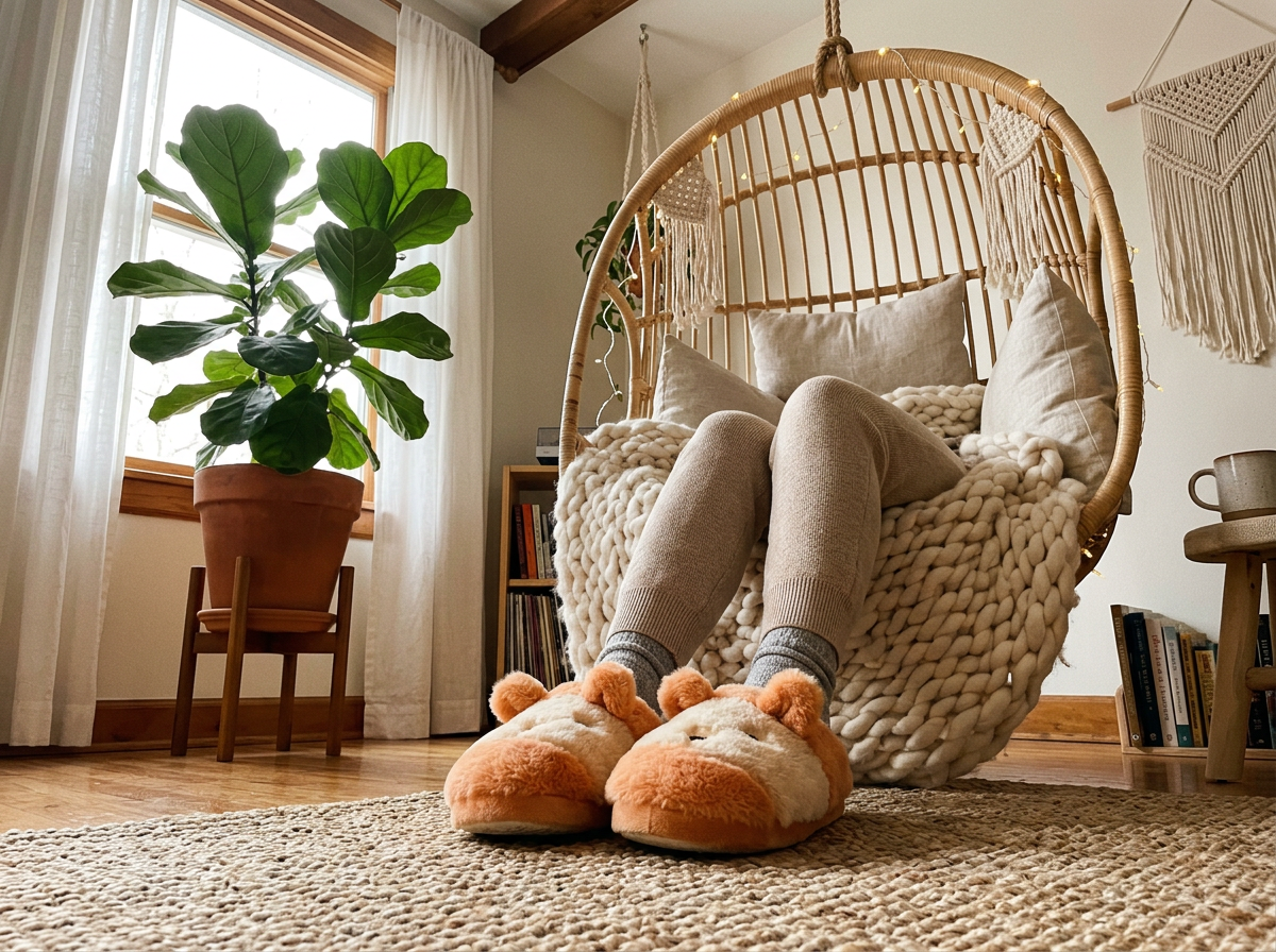Customer in cozy chair with cute slippers
