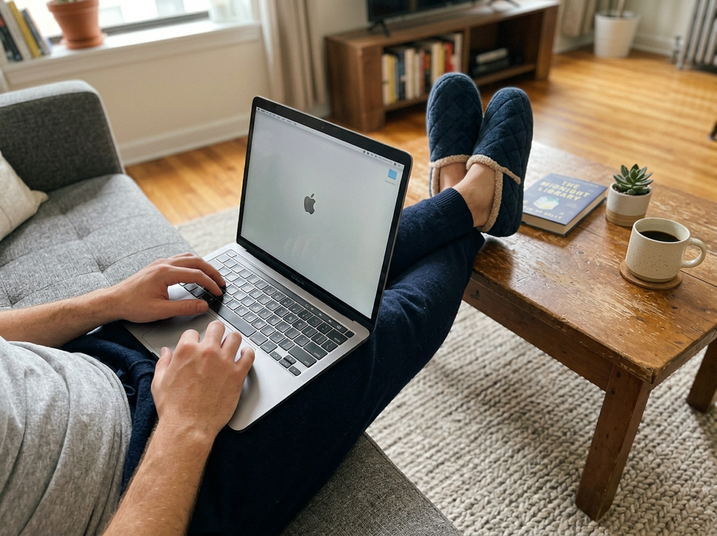 Cozy quilted slippers POV with laptop
