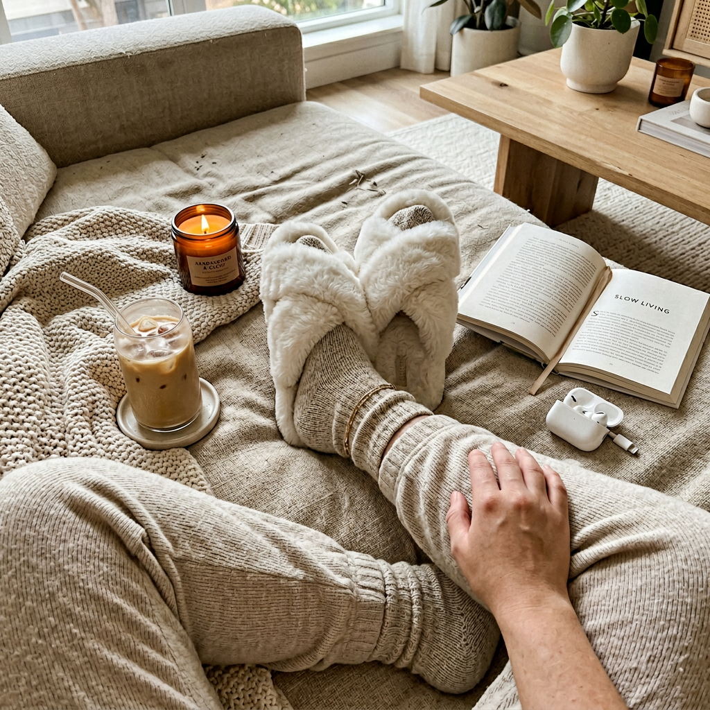 Cozy morning flatlay with slippers